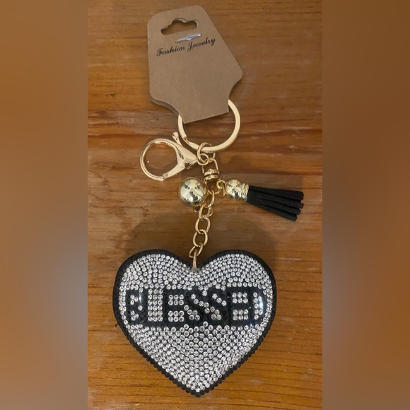 🙌🏽 BLESSED Bling Rhinestone Heart Puffy Tassel Keychain Charm. - Picture 3 of 6